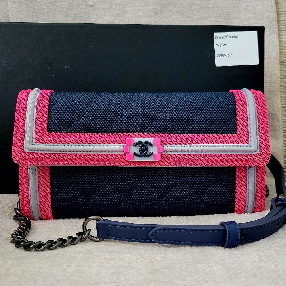Chanel Boy Fluo Navy and Pink Wallet W Chain Handbag Pochette